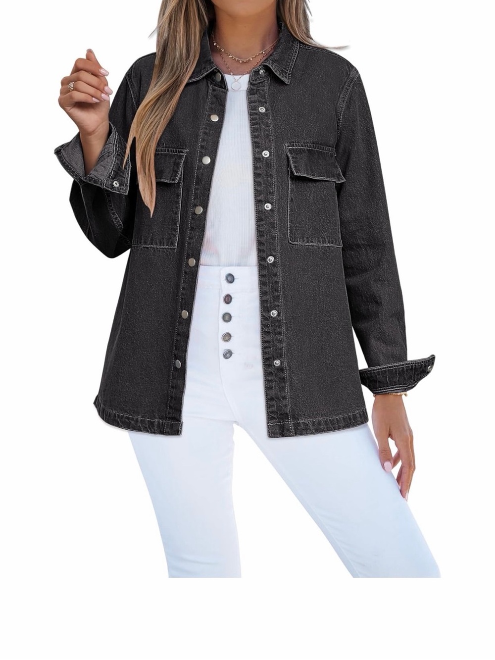 Washed Black Denim Shacket Jacket - Women